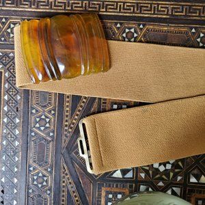 Lovely big stretch tan belt w/ faux amber buckle